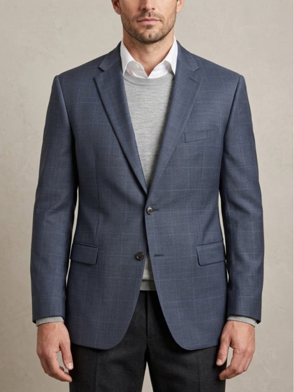 Ralph Lauren Lightweight Wool Blazer Size 46 Long Blue Windowpane Grid
